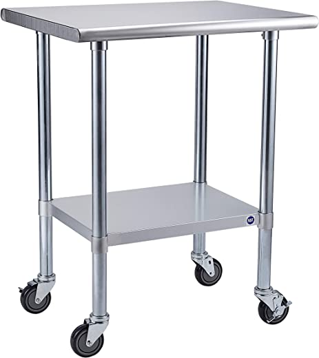 ROCKPOINT Stainless Steel Table for Prep & Work with Caster 30×24 Inches, NSF Metal Commercial Kitchen Table with Adjustable Under Shelf and Table…