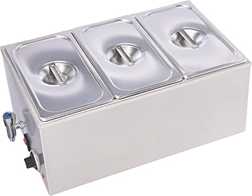 SYBO ZCK165BT-3 Commercial Grade Stainless Steel Bain Marie Buffet Food Warmer Steam Table for Catering and Restaurants, (3 Sections with Tap), Sliver
