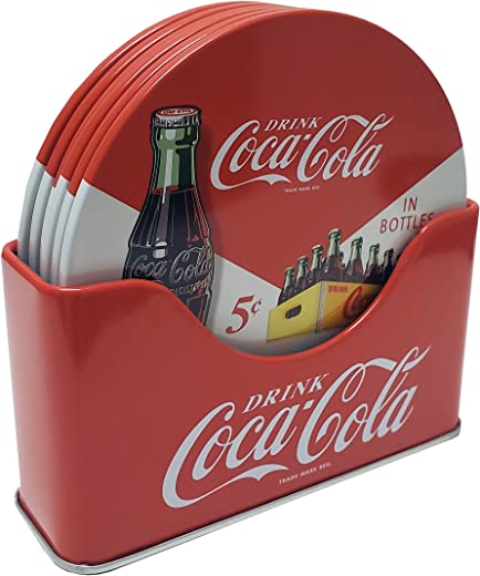 The Tin Box Company Coke 6 pc Coaster Set with Standing Metal Holder, Red