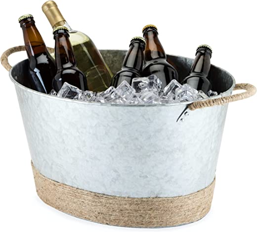 Twine Seaside Jute Rope Wrapped Farmhouse Galvanized Ice Metal Beverage Tub, Wine, Beer Bottle Bucket, 4.5 Gallons