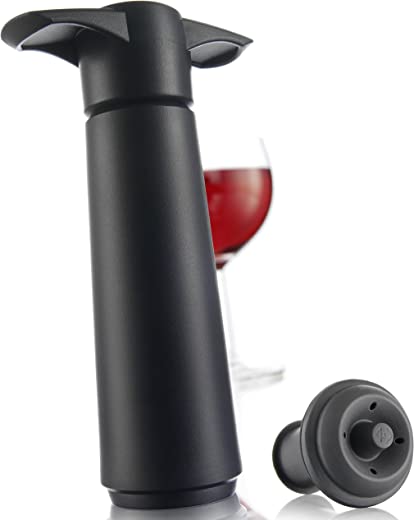 Vacu Vin Black Pump with Wine Saver stoppers – Keeps wine fresh for up to 10 days (Black 1 Stopper)
