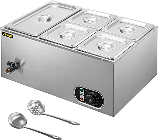 VEVOR 110V Commercial Food Warmer 1×1/3GN and 4×1/6GN, 5-Pan Stainless Steel Bain Marie 13.7 Quart Capacity,1500W Steam Table 15cm/6inch Deep,…