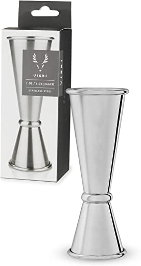 Viski Japanese style double jigger for cocktails, bar kit essential, 1oz and 2oz with interior measurements, stainless steel