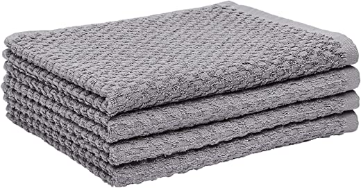 Amazon Basics 100% Cotton Terry Kitchen Dish Towels, Popcorn Texture – 4-Pack, Grey