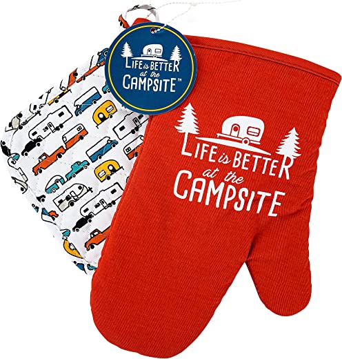 Camco Life is Better at The Campsite Heat Resistant Oven Mitt and Pot Holder Set-Red with White Logo Design, Excellent for RV Kitchens, Camping and…