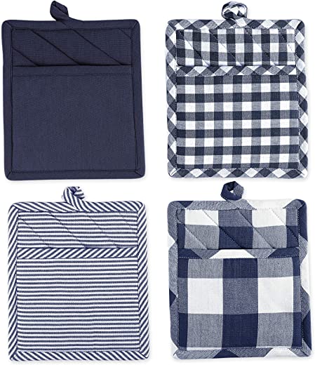 DII Gingham Check Collection, Potholder Set, Navy, 4 Piece