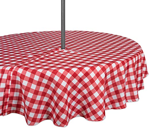 DII Red Check Outdoor Tabletop Collection, Stain Resistant & Waterproof, 60″ Round w/ Zipper, Check