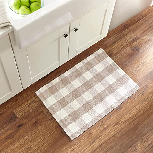 Elrene Home Fashions Farmhouse Living Buffalo-Check Kitchen Mat, Rustic Kitchen and Laundry Room Decor and Accessories, 20″ x 36″, Tan/White