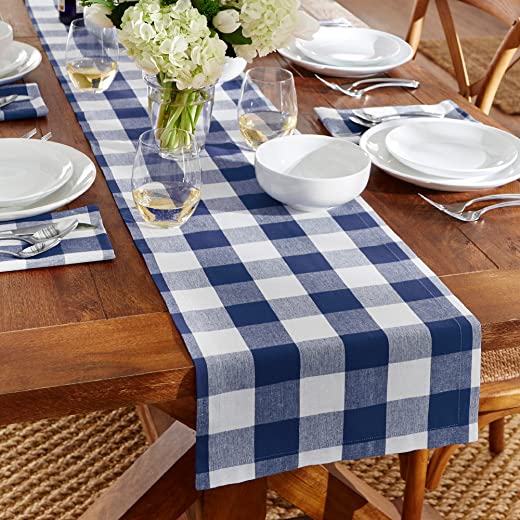 Elrene Home Fashions Farmhouse Living Buffalo-Check Table Runner, Rustic Kitchen and Table Linens, 13″ x 70″, Blue/White