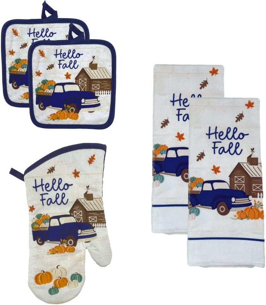 Farmhouse Treasures Fall Harvest Kitchen Towel Set with Kitchen Towels, Pot Holders and Oven Mitt (Hello Fall)