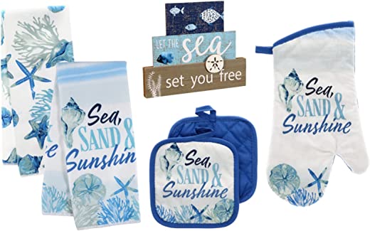 Seaside Kitchen Towel Set with Pot Holders Oven Mitt and Sign Modern Seaside Decor (Sea Sand & Sunshine)