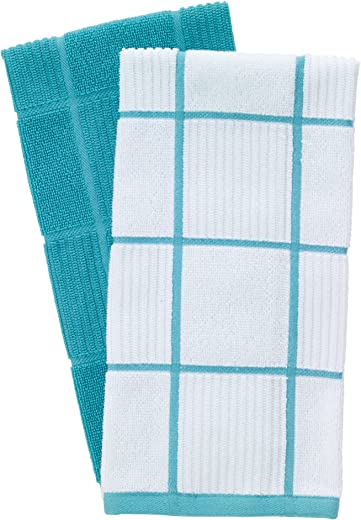 T-Fal Textiles 60967 2-Pack Solid & Check Parquet Design 100-Percent Cotton Kitchen Dish Towel, Breeze, Solid/Check-2 Pack, 2 Count