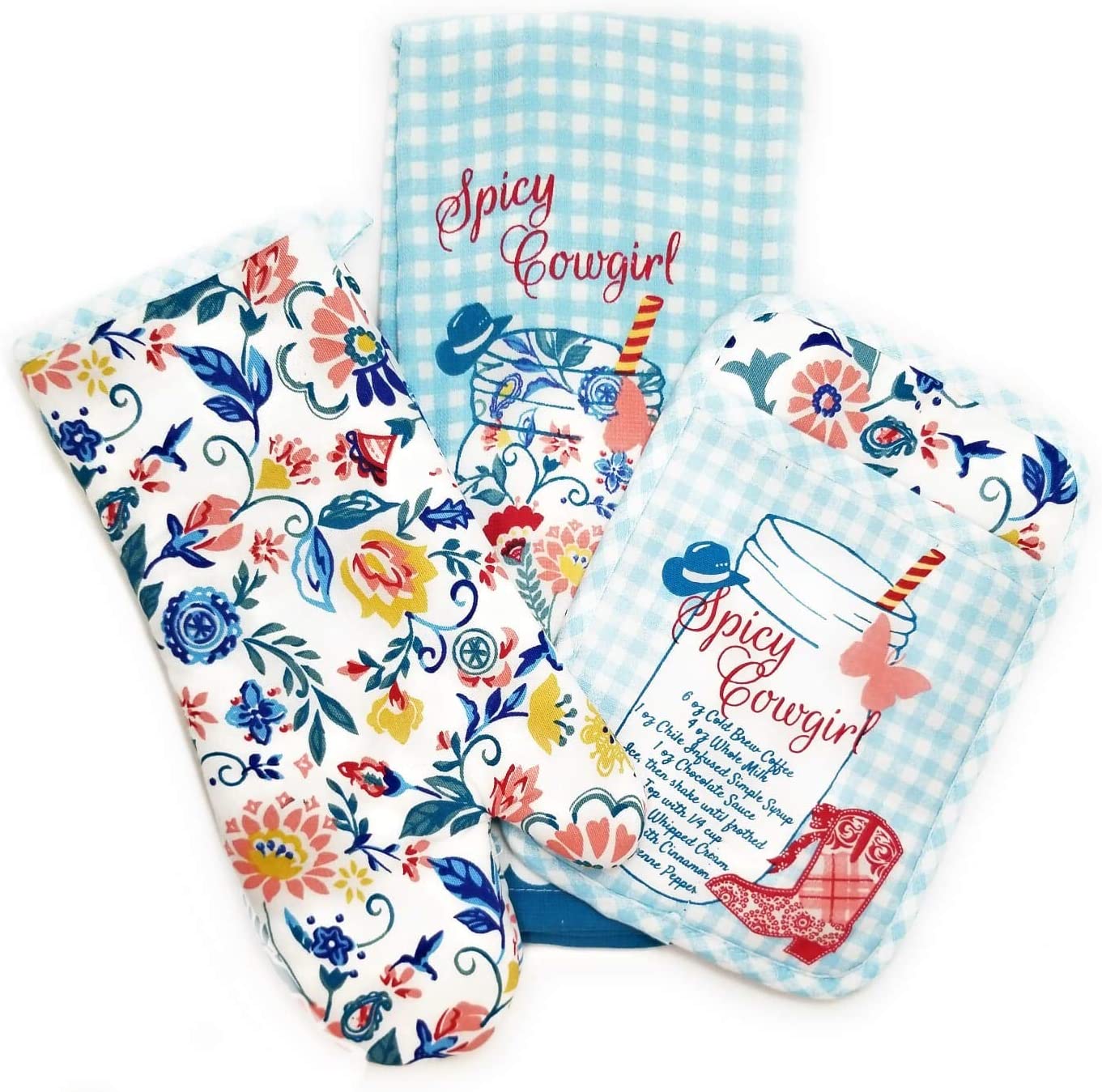 The Pioneer Woman Spicy Cowgirl Kitchen Towel Set-3 Pieces Including Oven Mitt, Pot Holder, Kitchen Towel Gift Set for Her
