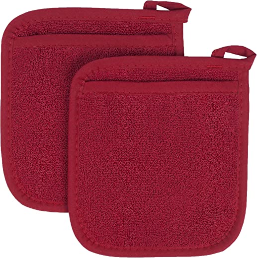 100% Cotton Terry Pot Holders for Kitchen, Machine Washable, 2-Pack, 8.5″x7.75″, Paprika Red Ritz Royale