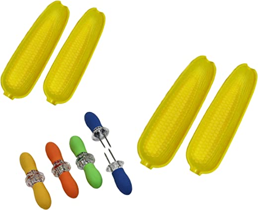 12 Piece Corn Cob Holders and Dish Set – Set of 4 Corn on the Cob Dishes and 8pc. Jumbo Soft grip Corn on the Cob Holders/Skewers