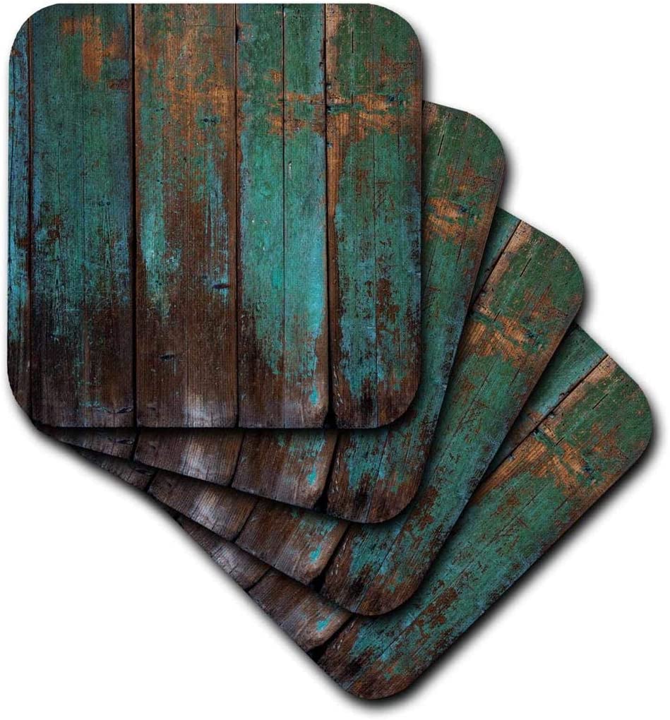 3D Rose Teal Distressed Country Wood Effect Soft Coasters, Multicolor