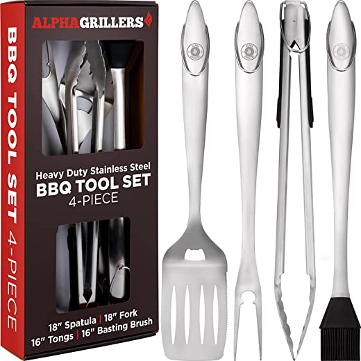 Alpha Grillers Grill Set Heavy Duty BBQ Accessories – BBQ Tool Set 4pc Grill Accessories with Spatula, Fork, Brush & BBQ Tongs – Gifts for Dad…