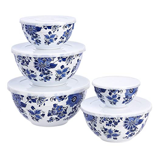 Amazon Basics Nesting Melamine Mixing Bowl with Lid and Non-Slip Base, 5 Sizes, Blue and White Floral – Set of 10