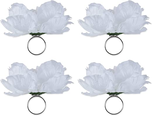 DII Beautiful Peony Flower Napkin Rings White, 4 Piece