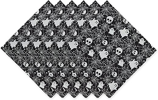 DII Halloween Party Tabletop Decor, Reusable & Machine Washable Cotton Fabric, Napkin Set, 20×20, Skulls Ghosts & Spider Webs, 6 Piece