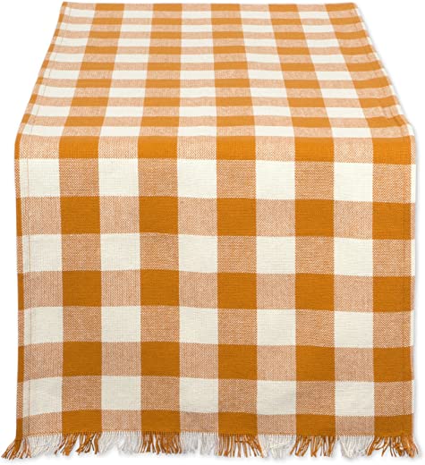 DII Heavyweight Fringed Check Tabletop Collection, Table Runner, 14×72, Pumpkin Spice