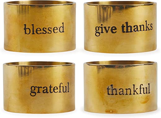 DII Holiday Tabletop Collection Decorative Napkin Ring Set, Always Grateful Gold, 4 Piece