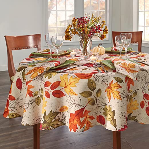 Elrene Home Fashions Autumn Leaves Fall Printed Tablecloth, Holiday Table Cover for Formal or Everyday Use, 70″ Round