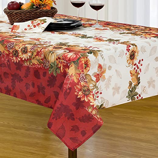 Elrene Home Fashions Swaying Leaves Bordered Fall, Seasonal and Holiday Tablecloth, 60″x120″, Multi