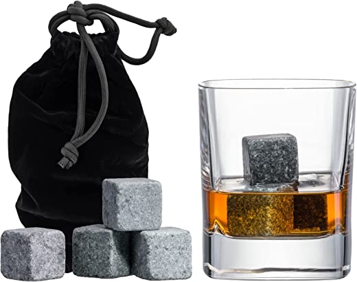 Set of 9 Grey Beverage Chilling Stones [Chill Rocks] Whiskey Stones for Whiskey and other Beverages – in Gift Box with Velvet Carrying Pouch – Made…
