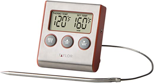 Taylor Precision Products Instant Read Wired Probe Digital Meat Food Grill BBQ Cooking Kitchen Thermometer with Timer Alarm, Red