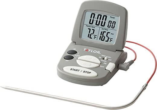 Taylor Precision Products Programmable with Timer Instant Read Wired Probe Digital, Meat, Food, Grill BBQ Cooking Kitchen Thermometer with Timer, Gray