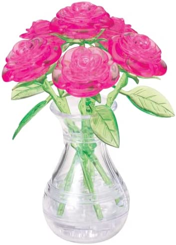 BePuzzled Original 3D Crystal Jigsaw Puzzle – Pink Roses in Vase DIY Assembly Brain Teaser, Fun Model Toy Gift Flower Decoration for Adults & Kids Age 12 and Up, 47 Pieces (Level 1)