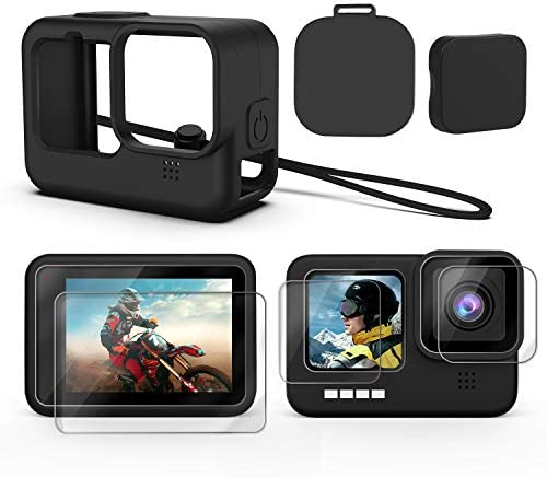 Kuptone Accessories Kit for GoPro Hero 11 Hero 10 Hero 9, Silicone Sleeve Protective Case with Rubber Cap + 6Pcs Tempered Glass Screen Protector with Lens Cover Cap for GoPro 11 GoPro 10 GoPro 9 Black
