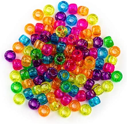 Hygloss Products Bucket O’Beads – Plastic Pony Bead Assortment for Crafts, Jewelry, Keychains and More – Reusable Container – Glitter Jelly Assorted Colors – 6×9 mm – 1,000 Pcs,6892