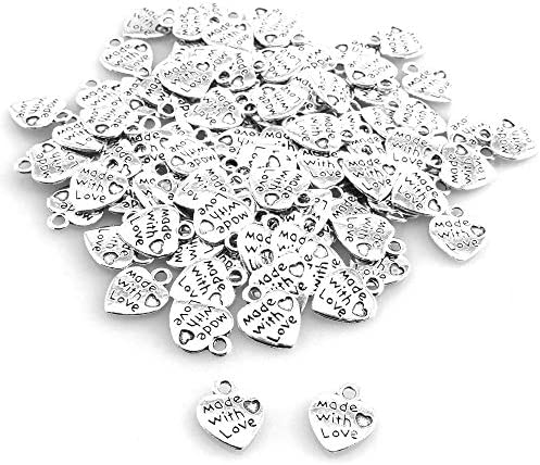 Lind Kitchen 100pcs Heart Shape Charms Pendants “Made with Love” Letters Carving DIY Craft Necklace Bracelets Keychain Jewelry Making Findings Accessories (Ancient Silver)