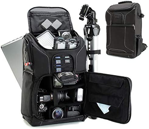 USA GEAR DSLR Camera Backpack Case – 15.6 inch Laptop Compartment, Padded Custom Dividers, Tripod Holder, Rain Cover, Long-Lasting Durability and Storage Pockets – Compatible with Many DSLRs (Black)