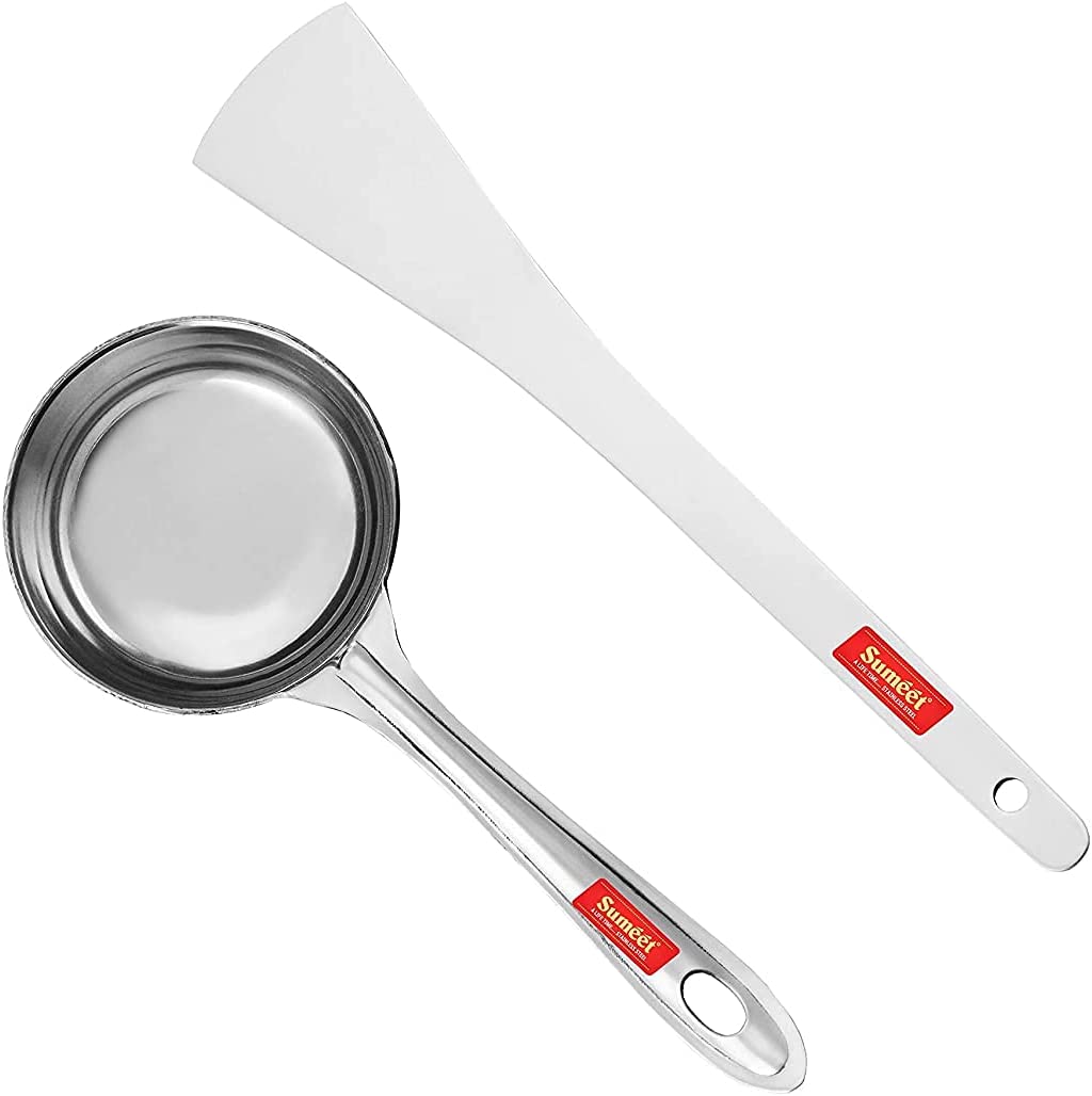 AB CUSTOMS Stainless Steel Perfect Dosa Making Spoon/Ladle Set of 2 Pcs (1 Turner, 1 Short Pour Ladle with Flat Base)