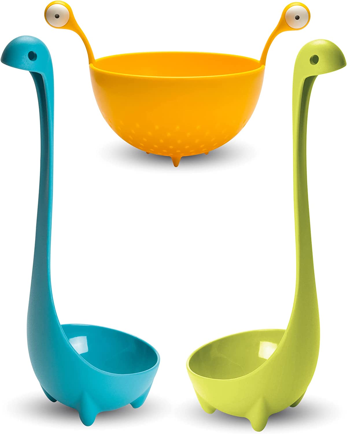 Pack of 3 – Nessie Ladle Spoons (Green, Turquoise) + Spaghetti Monster Kitchen Strainer