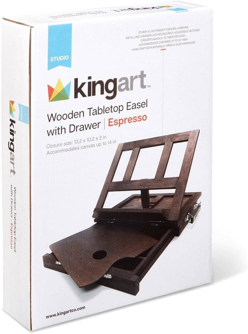 KINGART Adjustable Wood Desk Table Easel with Storage Drawer, Paint Palette, Premium Beechwood Espresso Stained – Portable Wooden Artist Desktop, Painting, Drawing Sketching Book Stand
