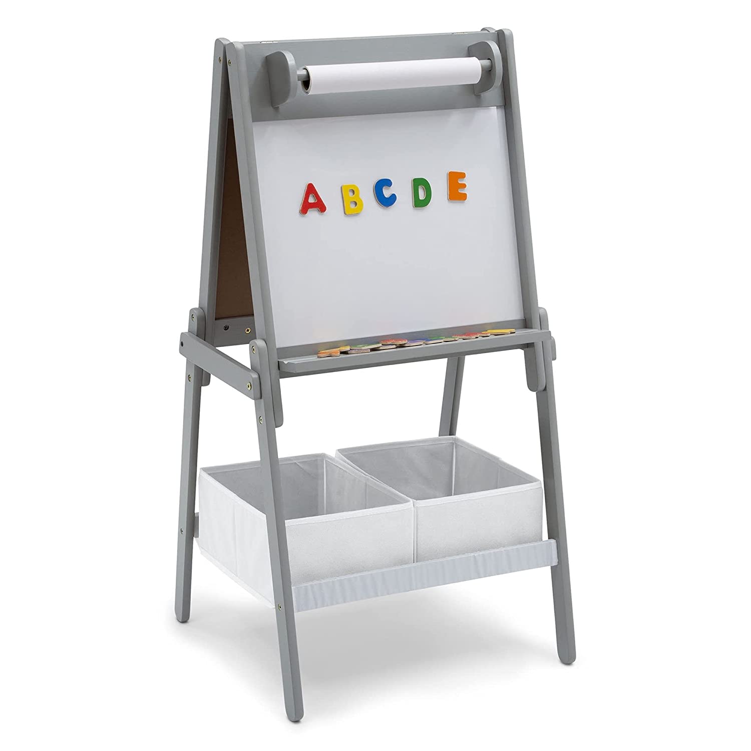 Delta Children Chelsea Double-Sided Storage Easel with Paper Roll and Magnets -Ideal for Arts & Crafts, Drawing, Homeschooling and More – Greenguard Gold Certified, Light Grey/White