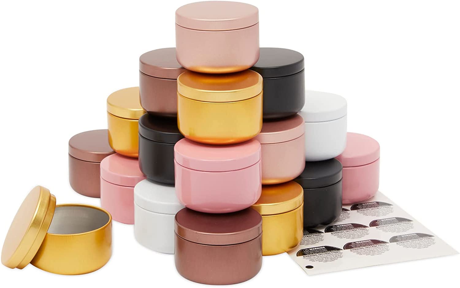 24 Pack Metal Candle Tins 2oz, Small Cans with Lids Bulk with Warning Stickers for Candle Making (6 Colors)