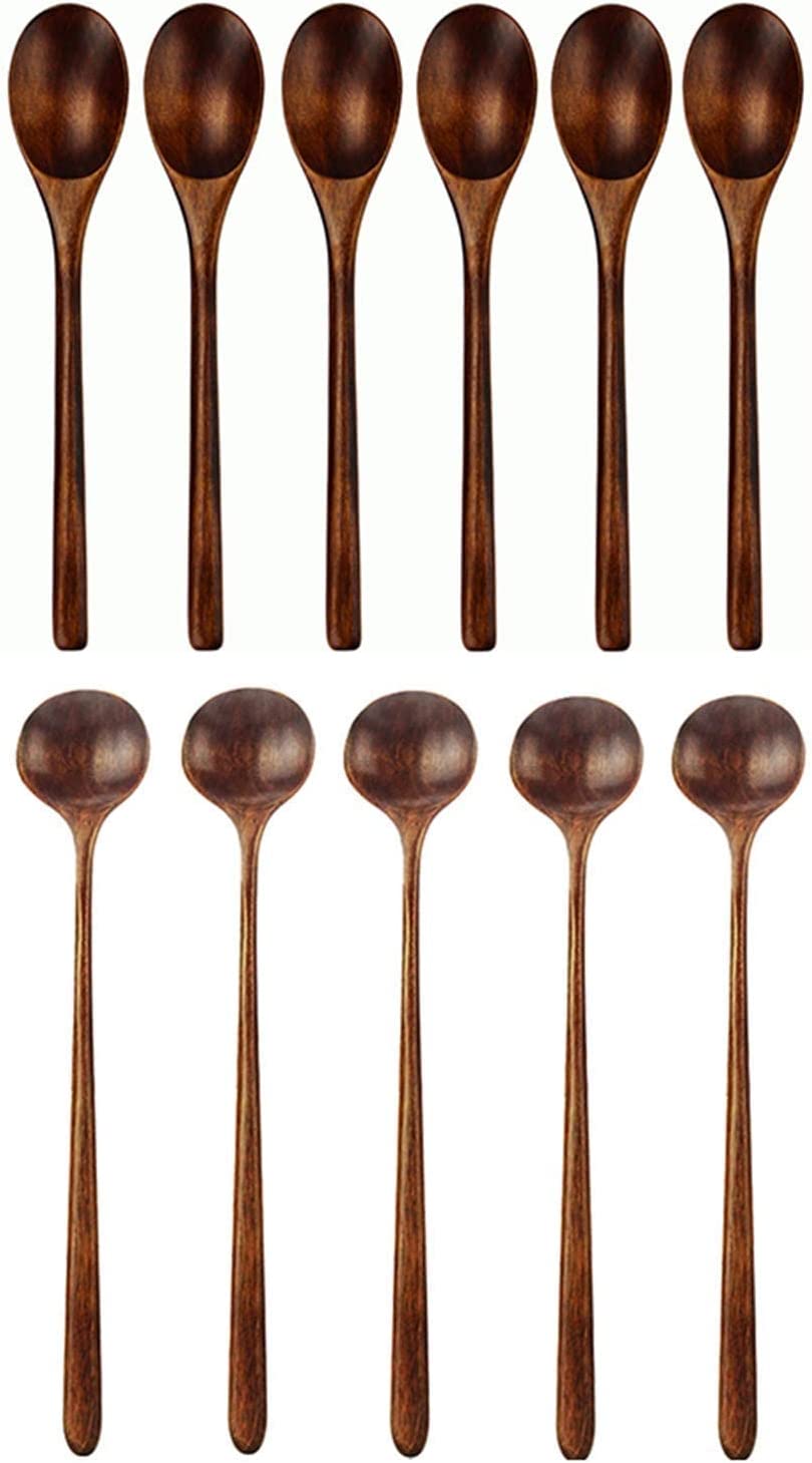 Wooden Spoons X 6, Long Spoons Wooden X 5, Japanese Natural Plant Ellipse Wooden Ladle Spoon Set for Cooking Mixing Stirring Honey Tea Soda Dessert Coconut Bowl Nonstick Pots Kitchen