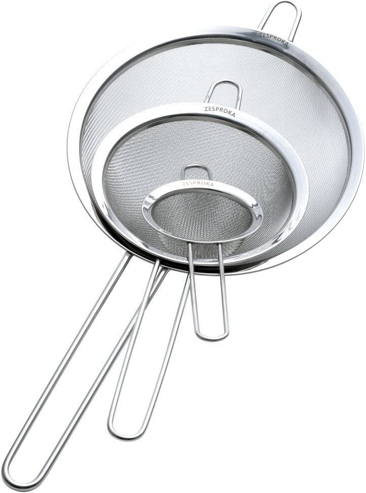 Zesproka ZP129 Set of 3 Stainless Steel Fine Mesh Strainers for Kitchen, 3.26″, 5.78″, 7.75″, Silver