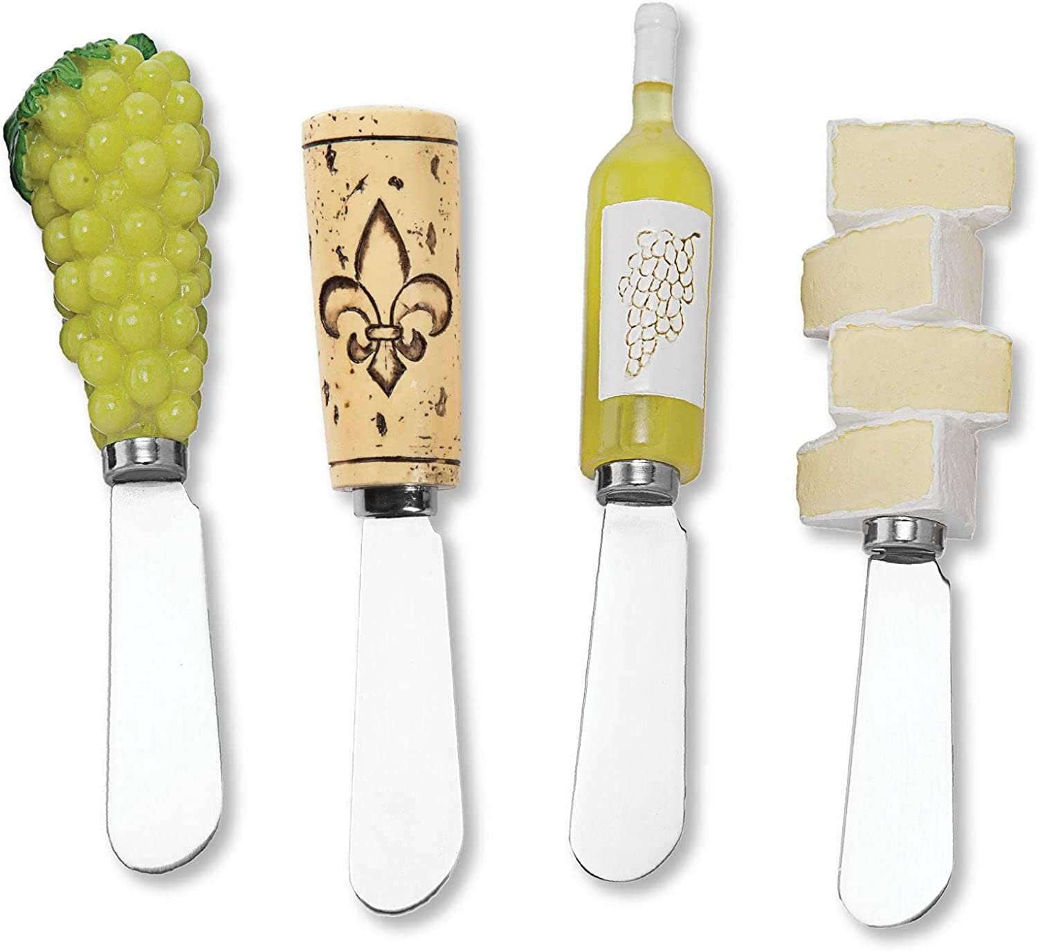 Wine Things 4-Piece Hand Painted Resin Handle with Stainless Steel Blade Cheese Spreader/Butter Spreader Knife, Assorted (White