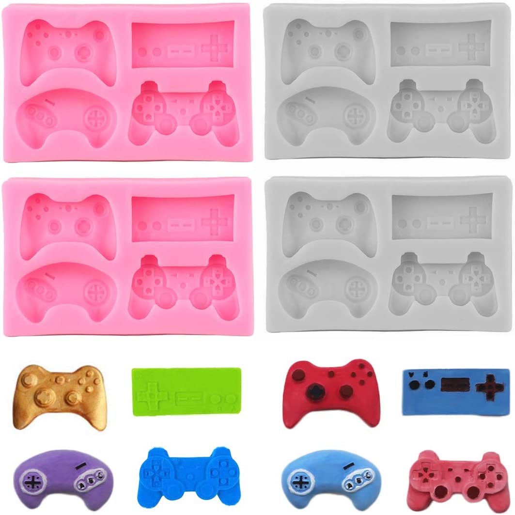 4 Pack Game Controller Fondant Mold – Silicone Video Gamepad Mold, Video Game Controller Molds for Candy, Chocolate, Cupcake Topper, Epoxy Resin Casting Keychain, Clay (Pink & Grey)