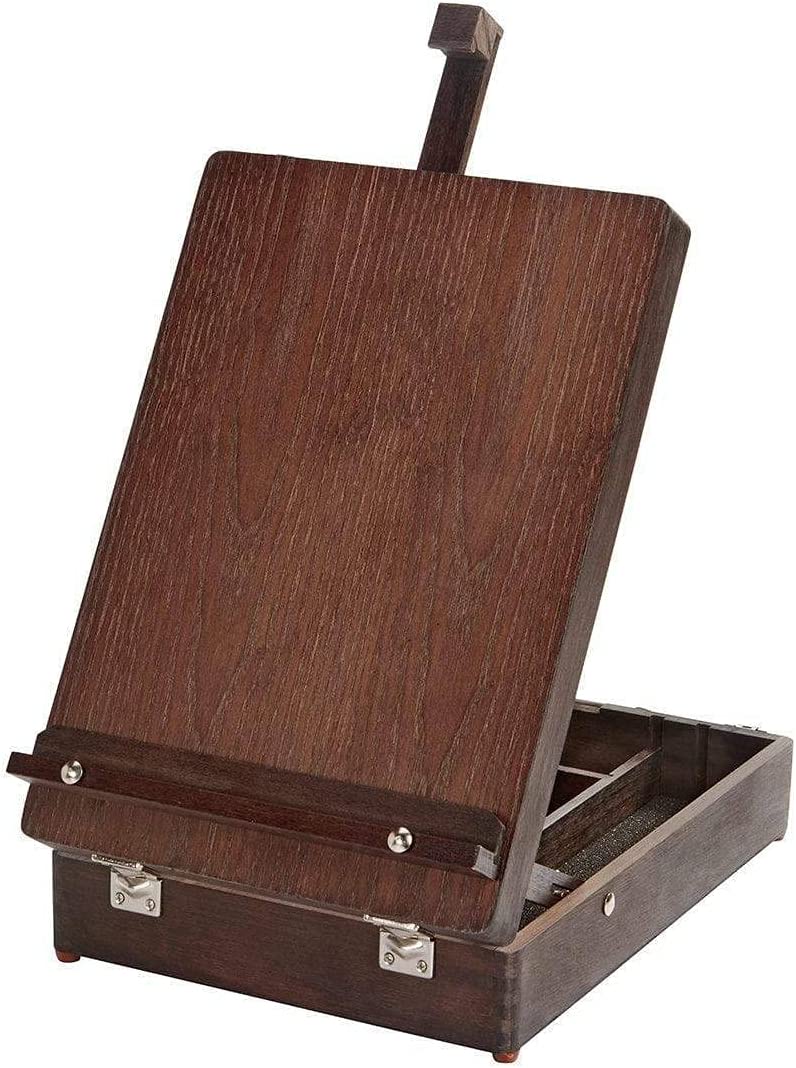KINGART Adjustable Wood Table Sketchbox Easel, Premium Beechwood Espresso Stain – Portable Wooden Artist Desktop Storage Case – Store Art Paint, Markers, Sketch Pad – Student Drawing, Painting