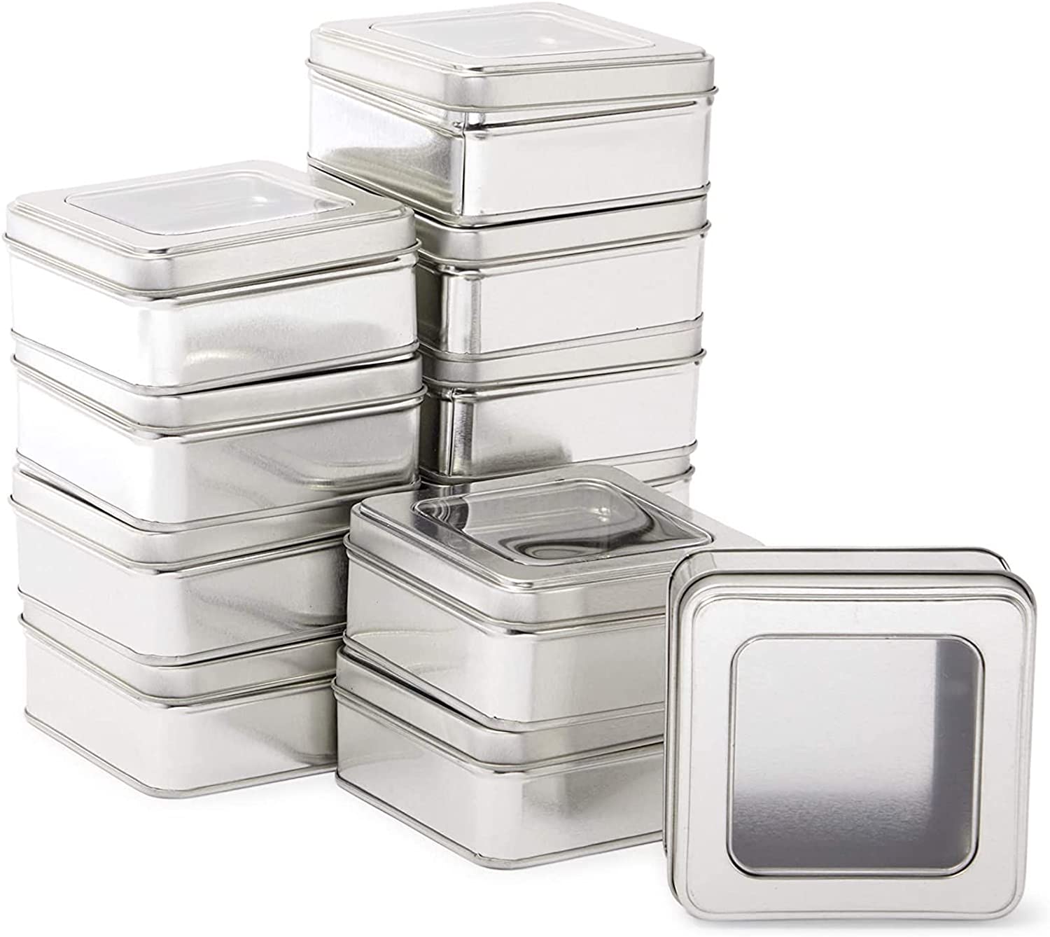Metal Candle Tins with Lids, Silver Square Containers for DIY (3.5 in, 12 Pack)