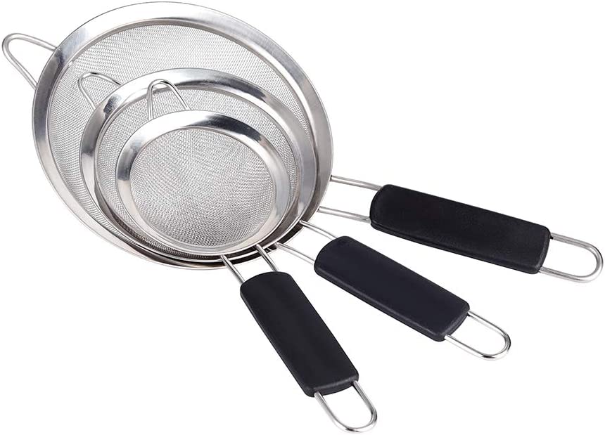 ZESPROKA Stainless Steel Fine Mesh Strainers Set of 3–Large, Medium & Small Sifters with Comfortable & Non Slip Handles – Ideal for Pasta, Rice, Quinoa, Baking, Black, 14” 11” 8”, (ZA01)