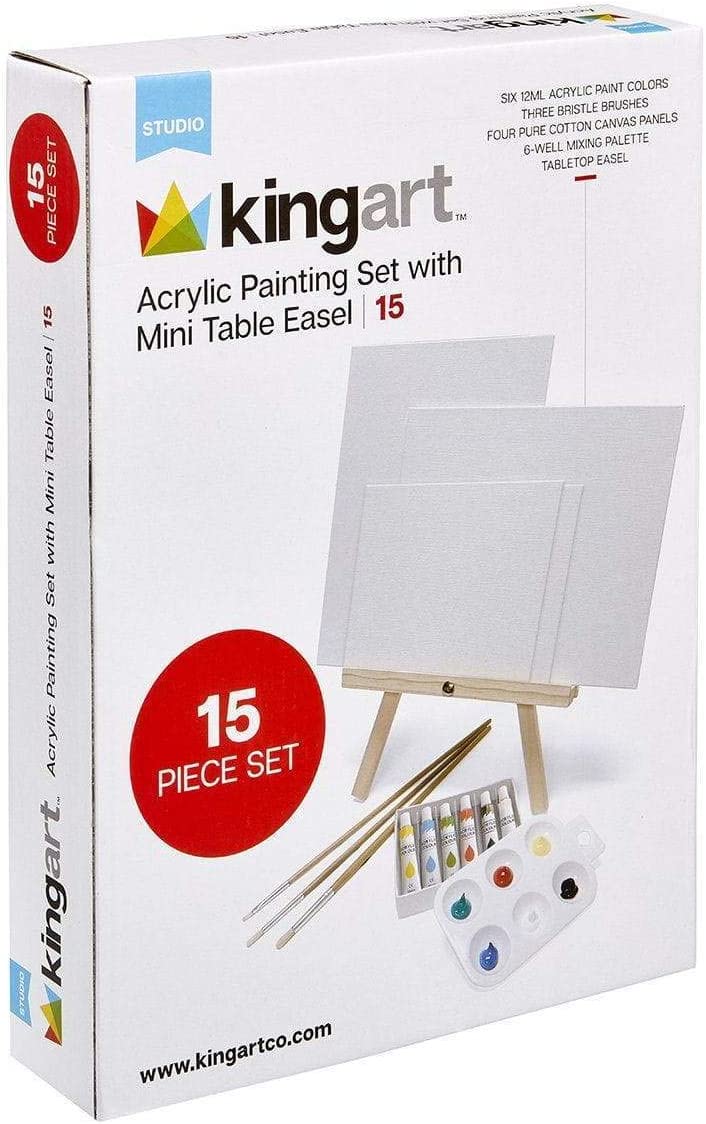 KINGART 15-Piece Artist Painting Set with 6 Vivid Acrylic Paint Colors, 12″ Easel, 4 Canvas Panels, 3 Brushes, Painting Palette – Fun Children, Kids School, Students, Beginners Starter Art Kit