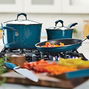 Rachael Ray marine blue cookware and tools in the kitchen